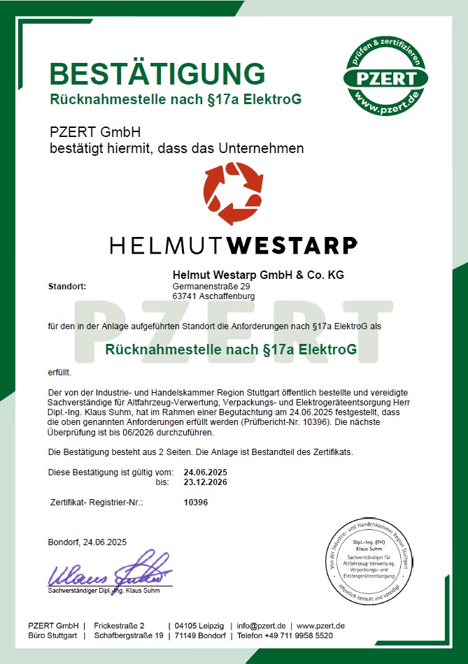 ElektroG Helmut Westarp Germanenstr RS Bestätigung