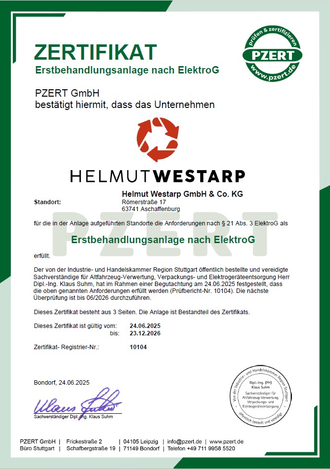 ElektroG Helmut Westarp Römerstr Zertifikat